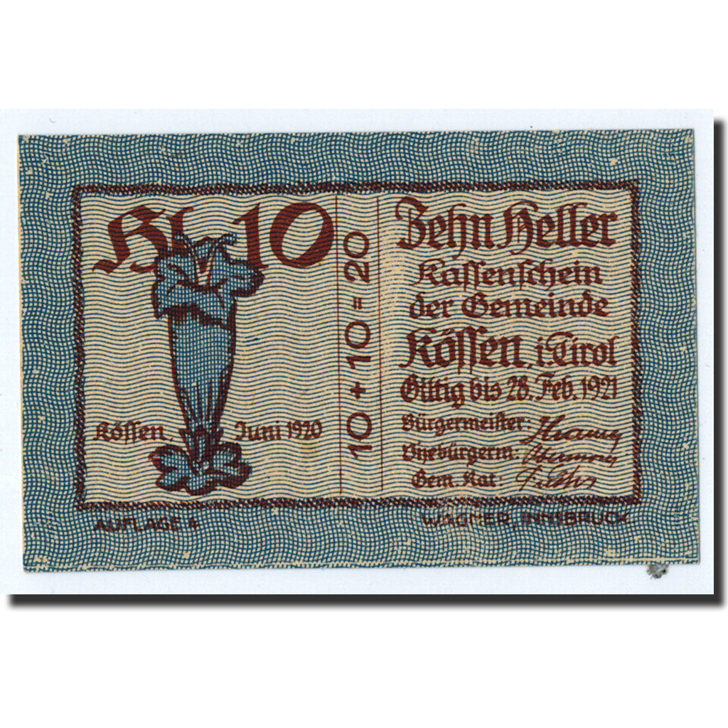 Geldschein, Österreich, Kössen, 10 Heller, Fleur, 1920, 1920-12-31, UNZ