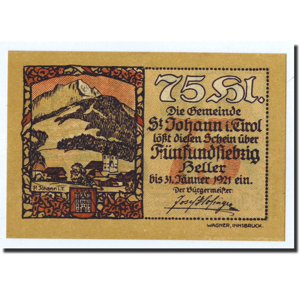 Geldschein, Österreich, St Johann in Tirol, Heller, personnage, 1921