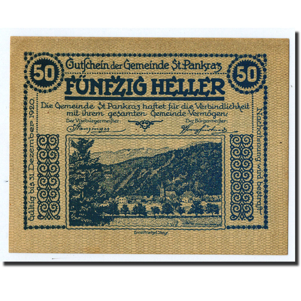 Geldschein, Österreich, St Pankraz, 50 Heller, agriculteur, 1920, 1920-12-31