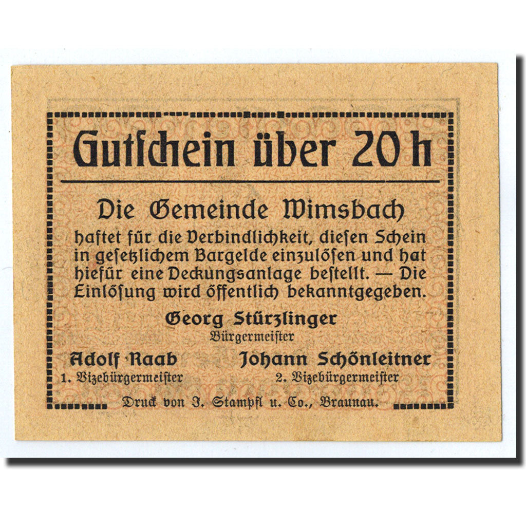 Geldschein, Österreich, Wimsbach, 20 Heller, paysan, Undated, Undated, UNZ