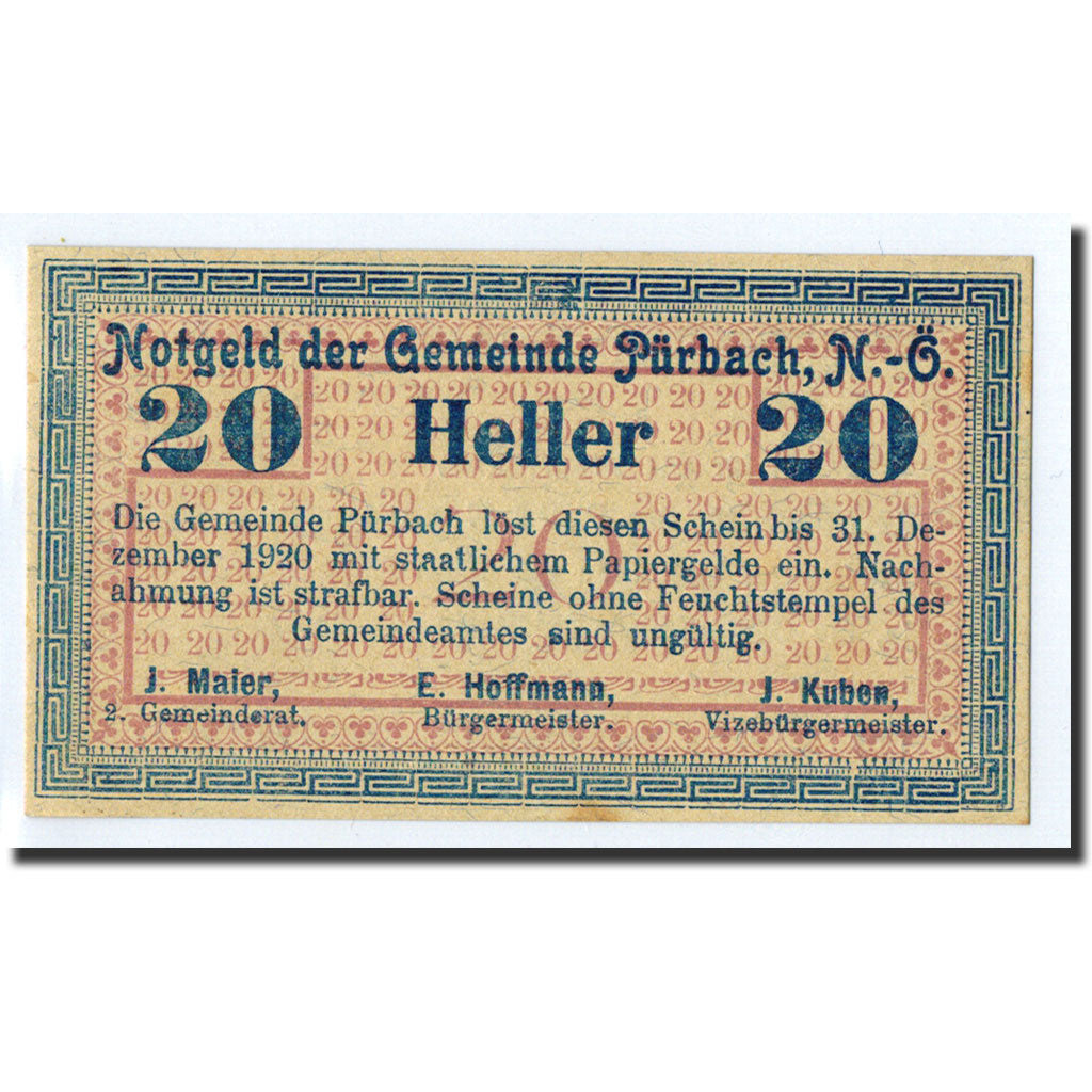 Geldschein, Österreich, Pürbach, 20 Heller, graphique, 1920, 1920-12-31, UNZ