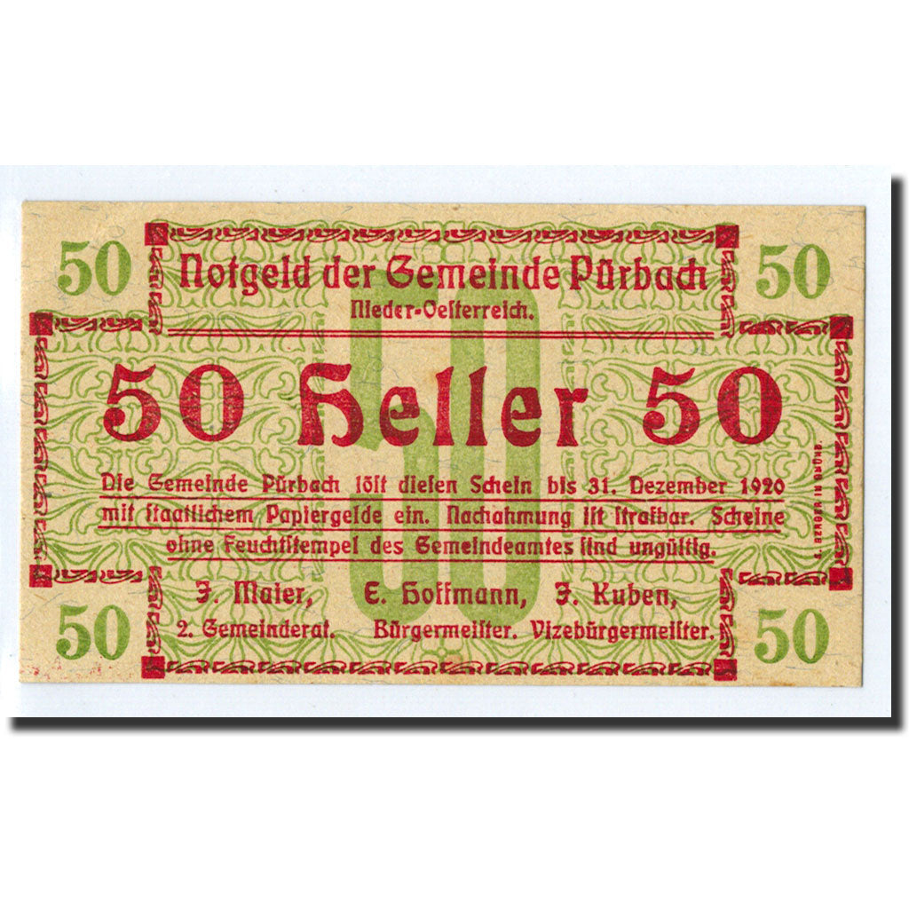 Geldschein, Österreich, Pürbach, 50 Heller, graphique, 1920, 1920-12-31, UNZ
