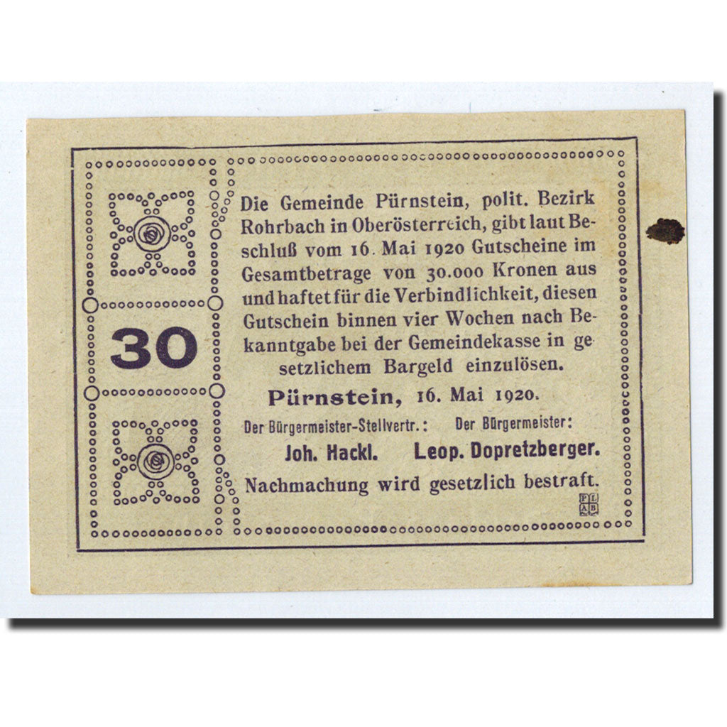 Geldschein, Österreich, Pürnstein, Heller, village, 1920, 1920-05-16, UNZ