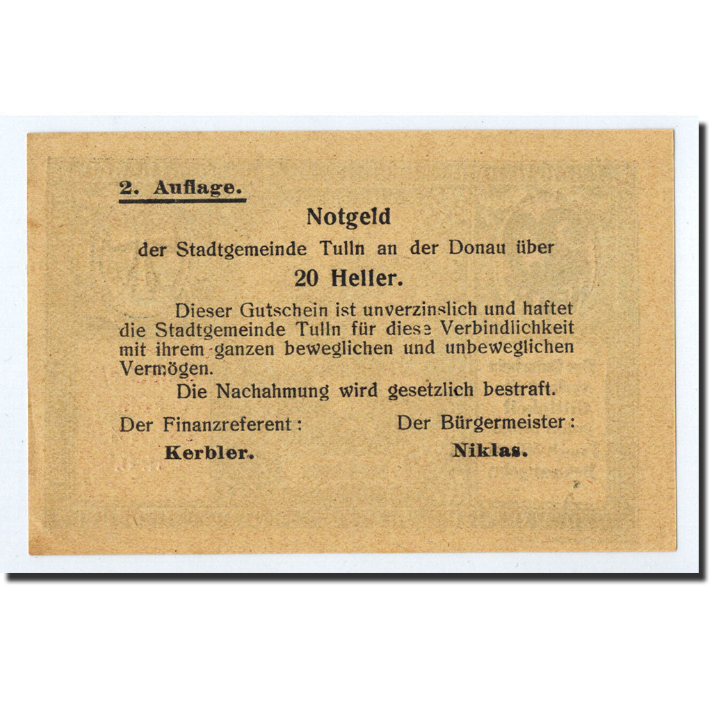 Geldschein, Österreich, Tulln an/d Donau, 20 Heller, tour, Undated, Undated