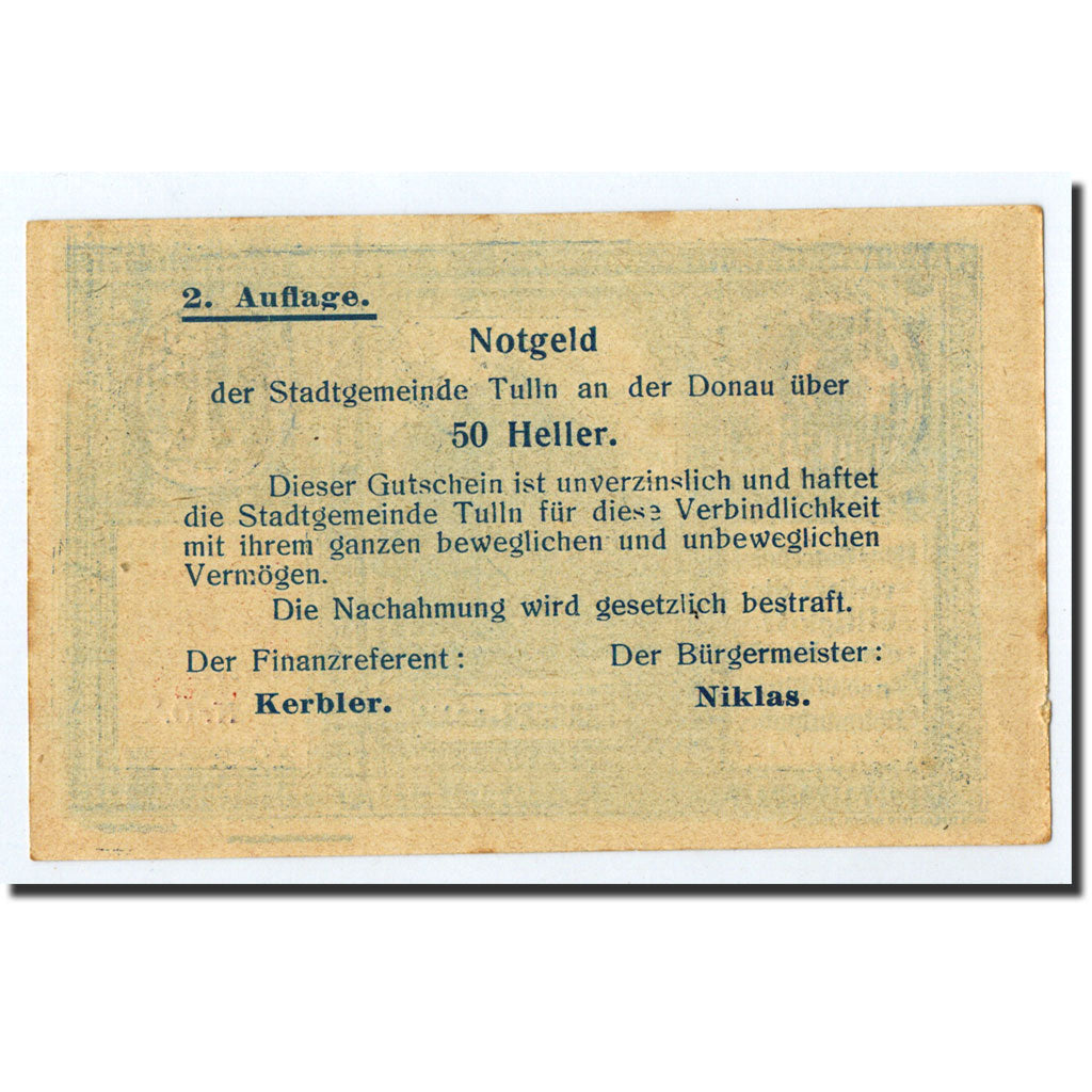 Geldschein, Österreich, Tulln an/d Donau, 50 Heller, Monument, Undated