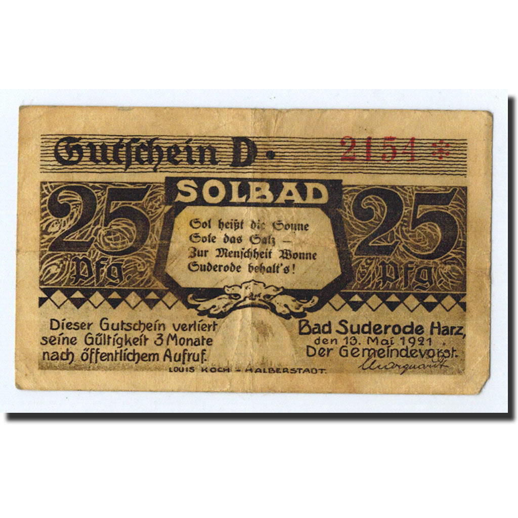 Banknote, Germany, Suderode im Harz, 25 Pfennig, paysage, 1921, 1921-05-13
