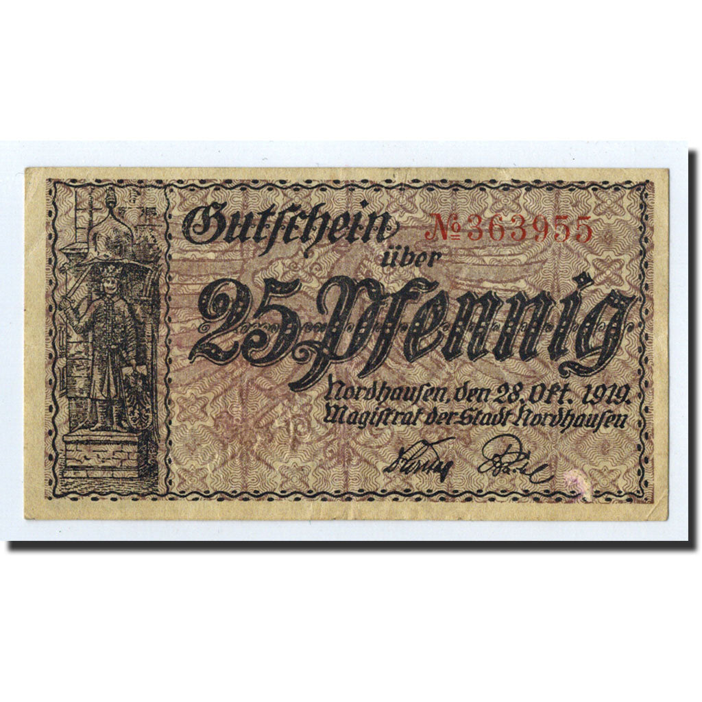 Biljet, Duitsland, Nordhausen Stadt, 25 Pfennig, personnage, 1919, 1919-10-20