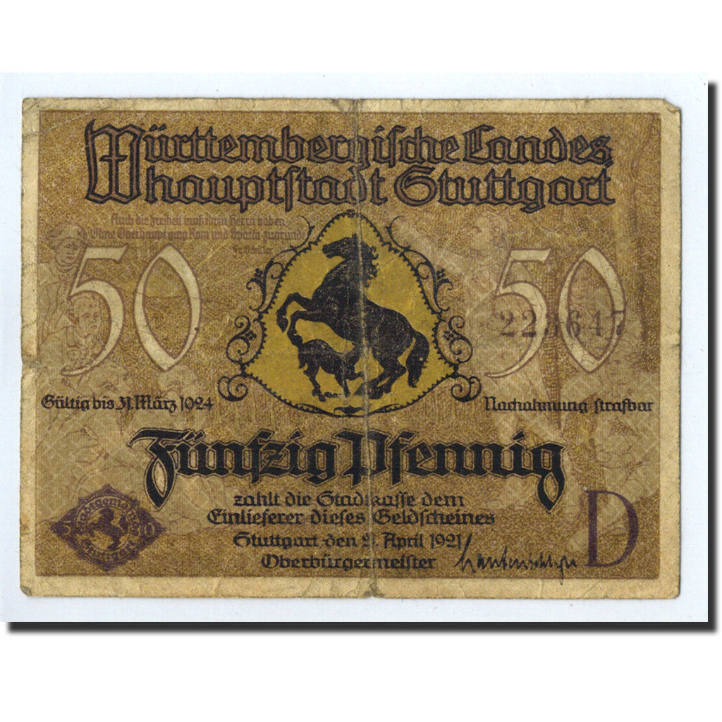 Banknote, Germany, Stuttgart Stadt, 50 Pfennig, paysage, 1921, 1921-04-21