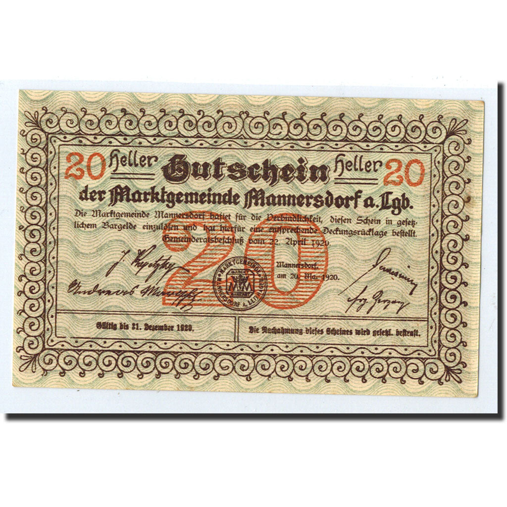 Geldschein, Österreich, Mannersdorf am Leithagebirge, 20 Heller, ruine, 1920