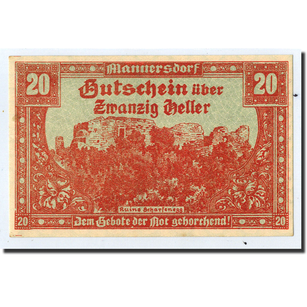 Geldschein, Österreich, Mannersdorf am Leithagebirge, 20 Heller, ruine, 1920
