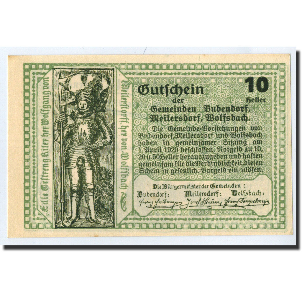 Geldschein, Österreich, Meilersdorf und wolfsbach, 10 Heller, chevalier, 1920
