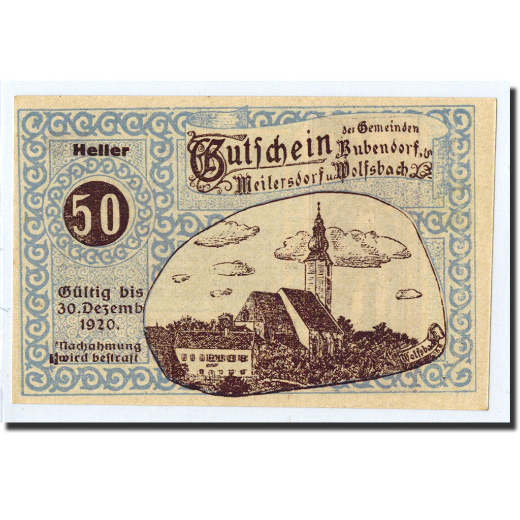 Geldschein, Österreich, Meilersdorf und wolfsbach, 50 Heller, chevalier, 1920
