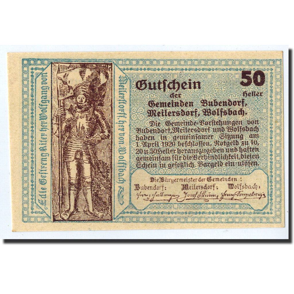 Geldschein, Österreich, Meilersdorf und wolfsbach, 50 Heller, chevalier, 1920