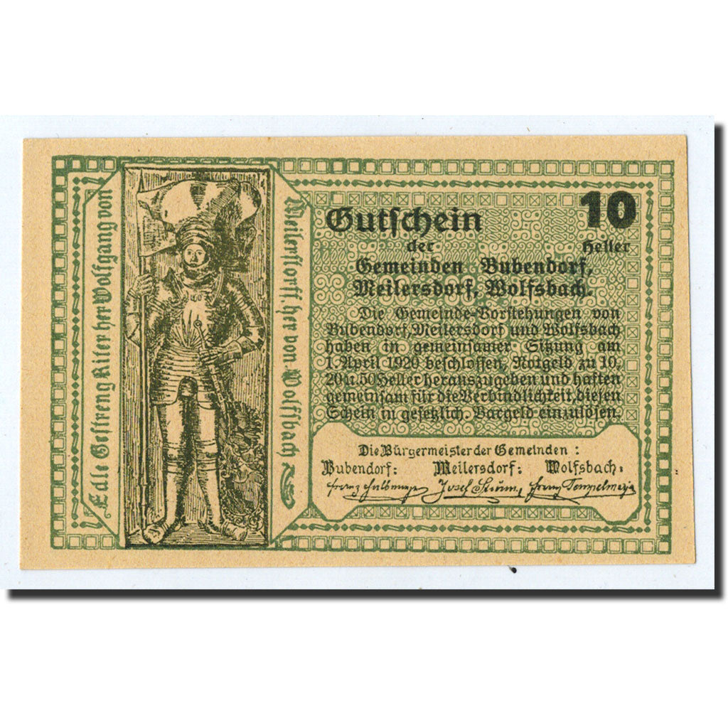 Geldschein, Österreich, Meilersdorf und wolfsbach, 10 Heller, soldat, 1920