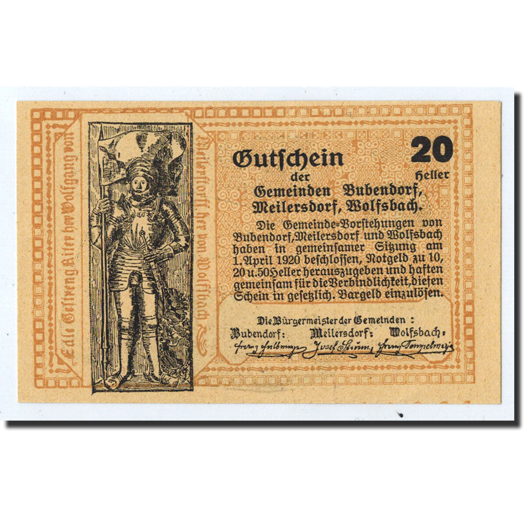Geldschein, Österreich, Meilersdorf und wolfsbach, 20 Heller, soldat, 1920