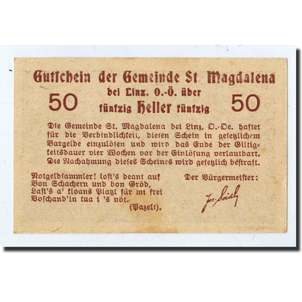Geldschein, Österreich, St Magdalena, 50 Heller, personnage, Undated, Undated