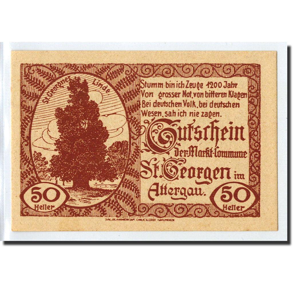 Geldschein, Österreich, St Georgen im Attergau, 50 Heller, bûcheron, 1920