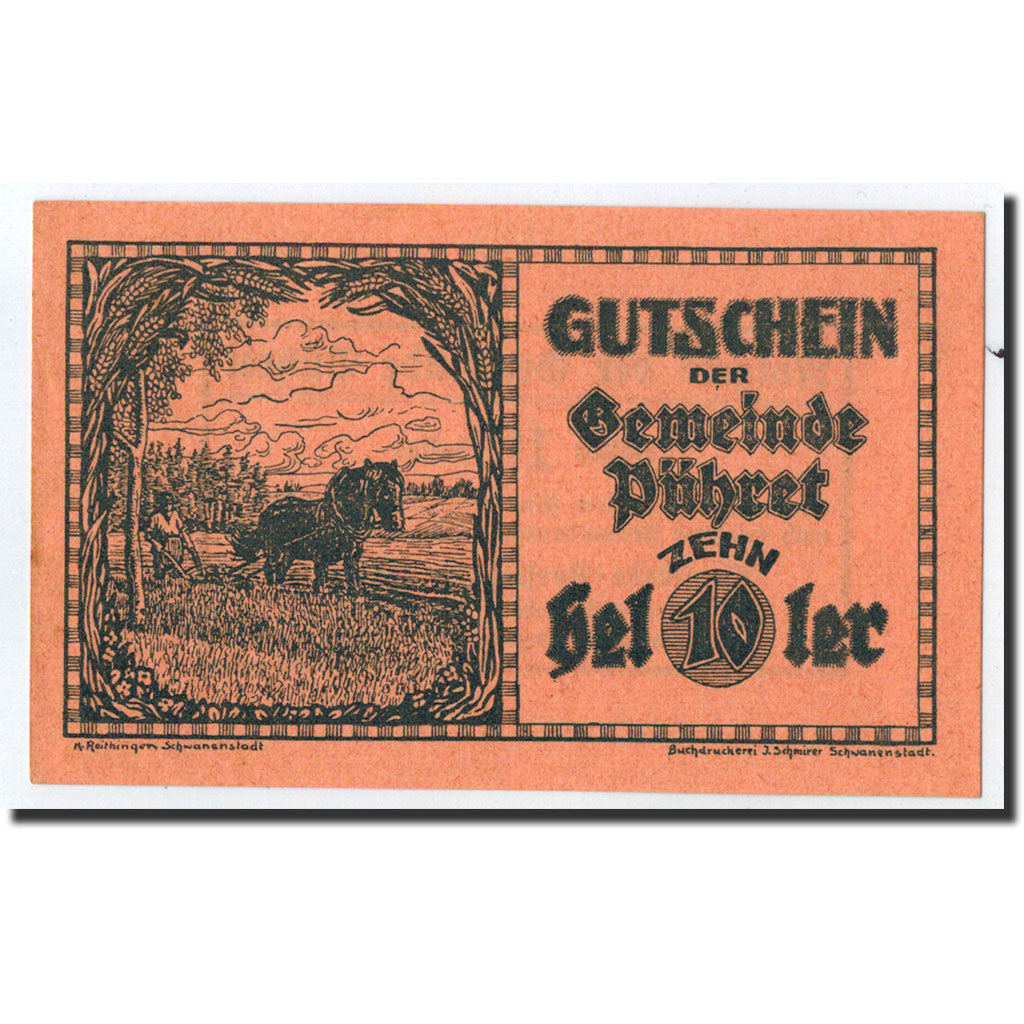 Geldschein, Österreich, Pühret, 10 Heller, paysage, Undated, Undated, UNZ-