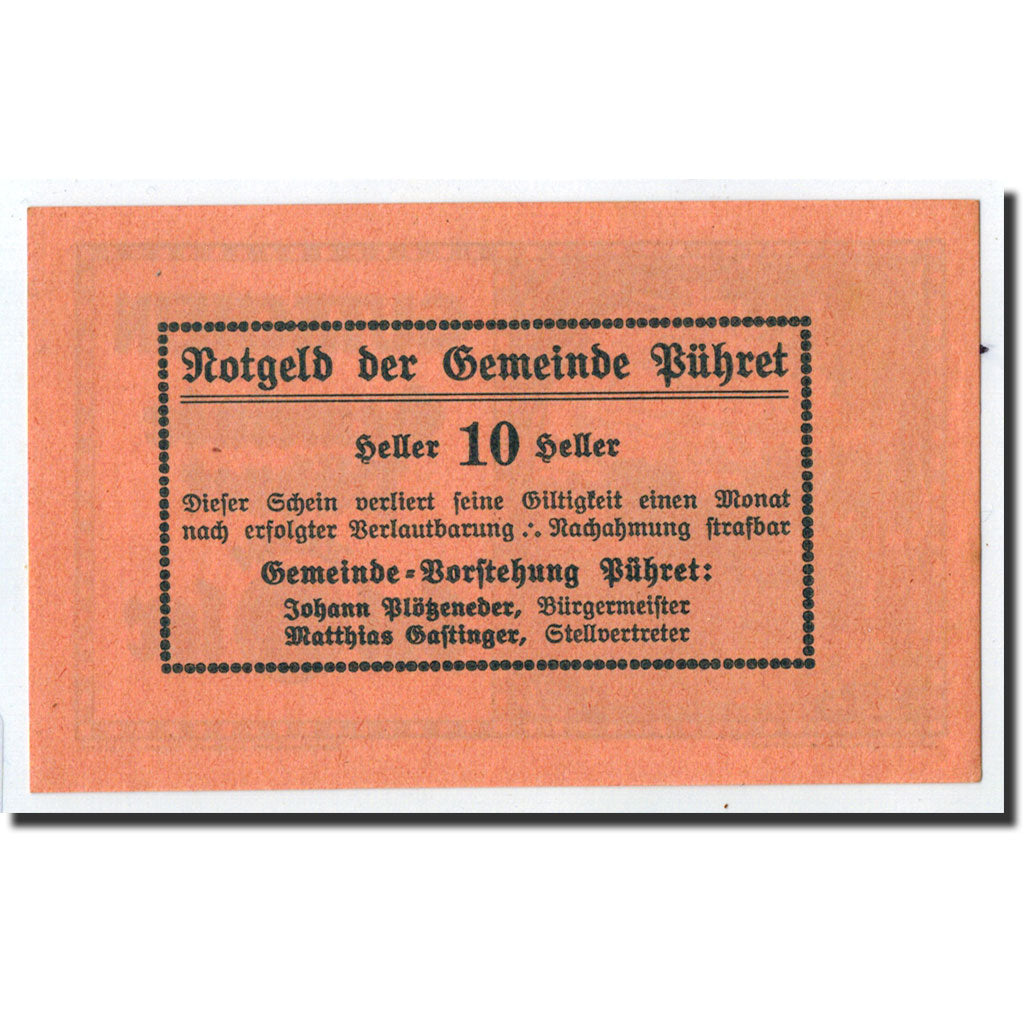 Geldschein, Österreich, Pühret, 10 Heller, paysage, Undated, Undated, UNZ-
