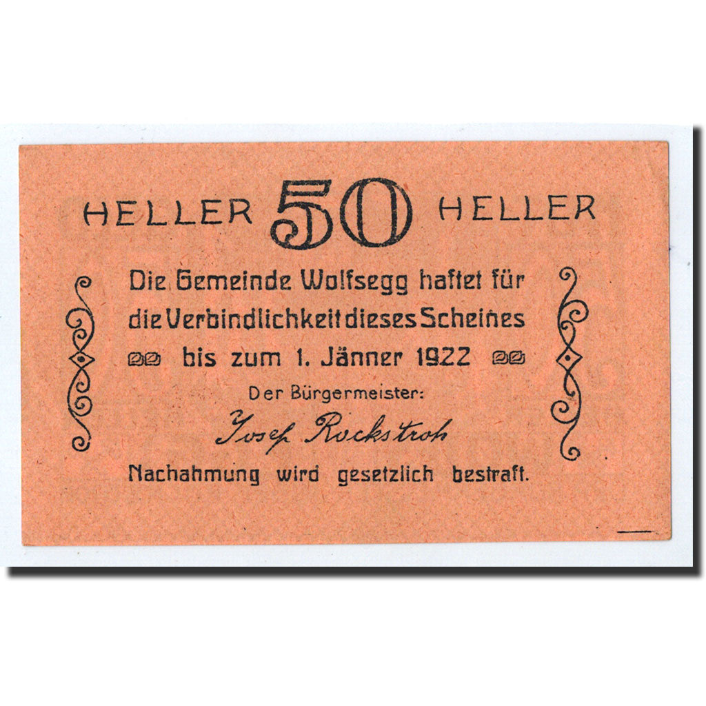 Geldschein, Österreich, Wolfsegg, 50 Heller, paysage, 1922, 1922-01-01, UNZ-