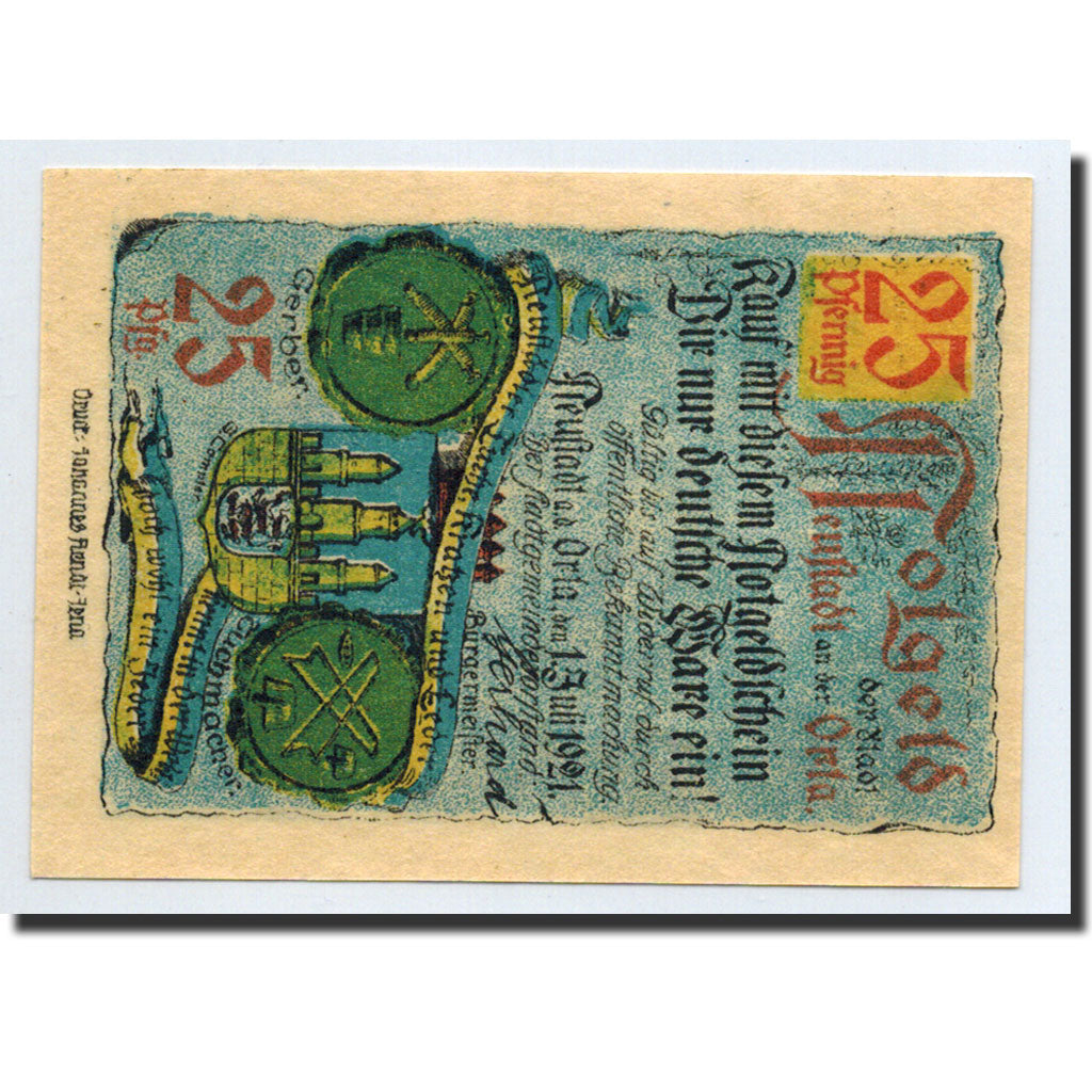 Banknote, Germany, Neustadt a.d Orla Stadt, 25 Pfennig, château, 1921