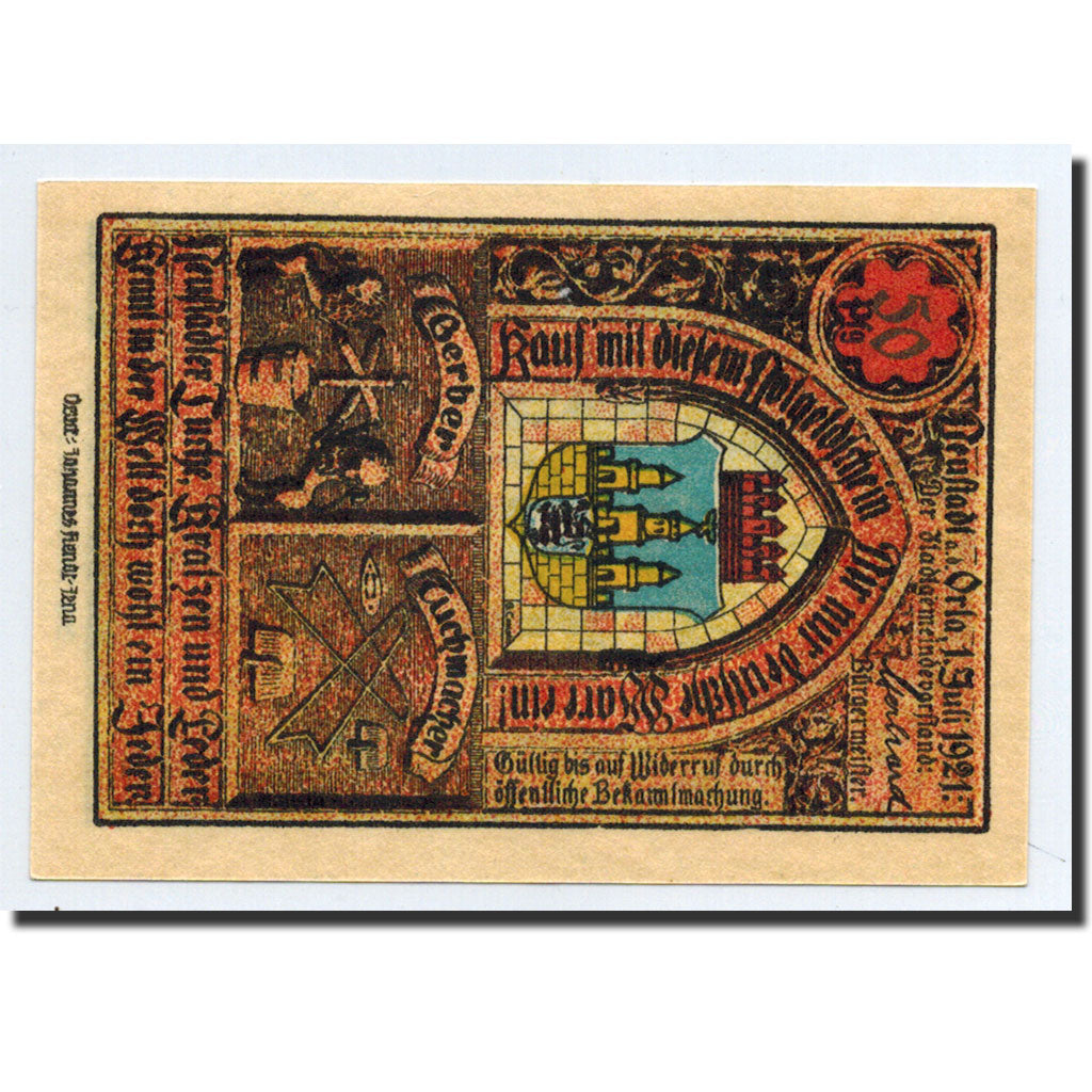 Banknote, Germany, Neustadt a.d Orla Stadt, 50 Pfennig, château, 1921