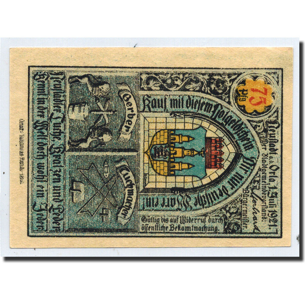 Banknote, Germany, Neustadt a.d Orla Stadt, 75 Pfennig, château, 1921