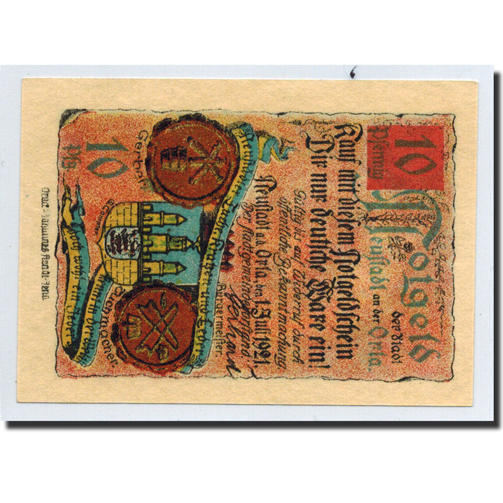 Banknote, Germany, Neustadt a.d Orla Stadt, 10 Pfennig, château, 1921