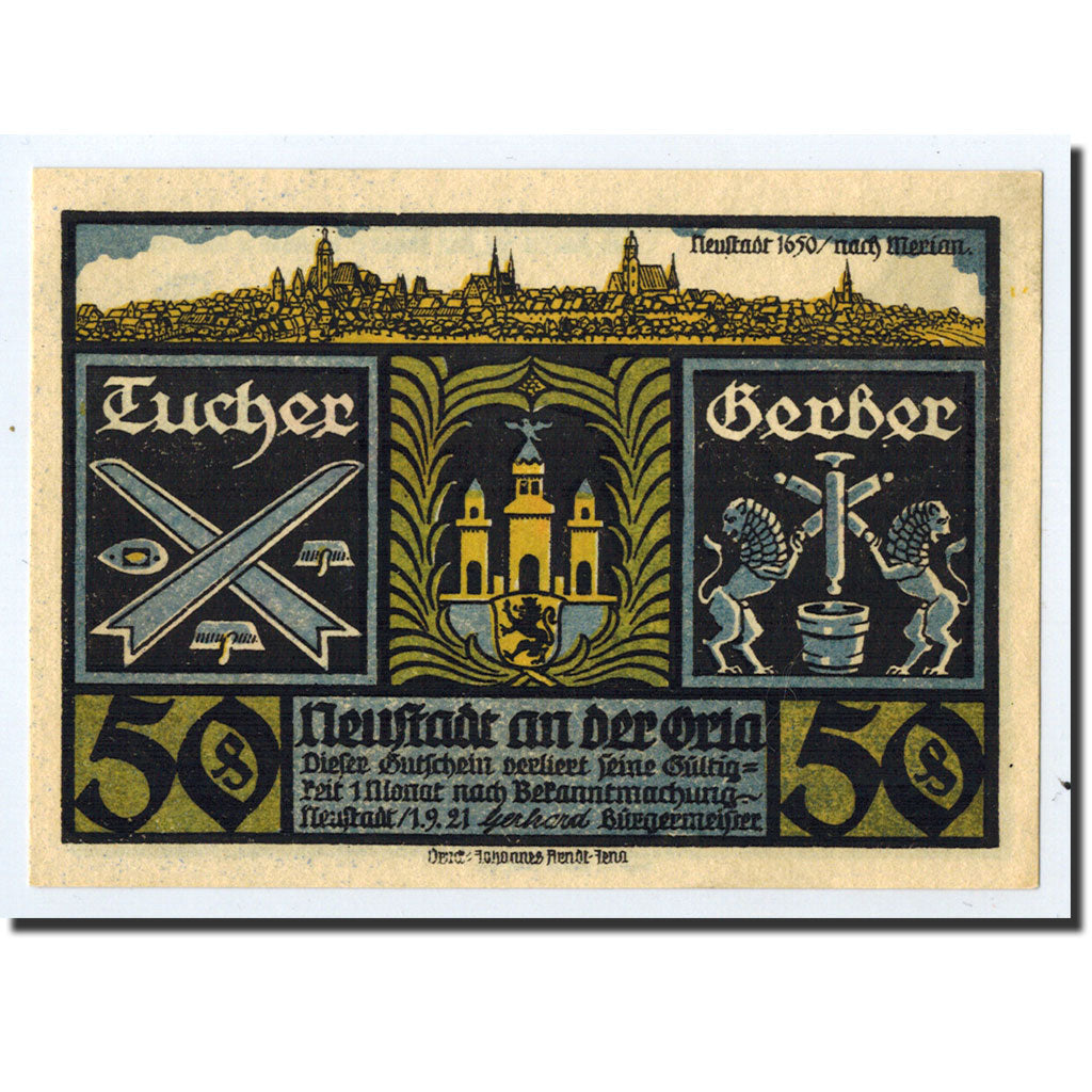 Banknote, Germany, Neustadt a.d Orla Stadt, 50 Pfennig, château, 1921