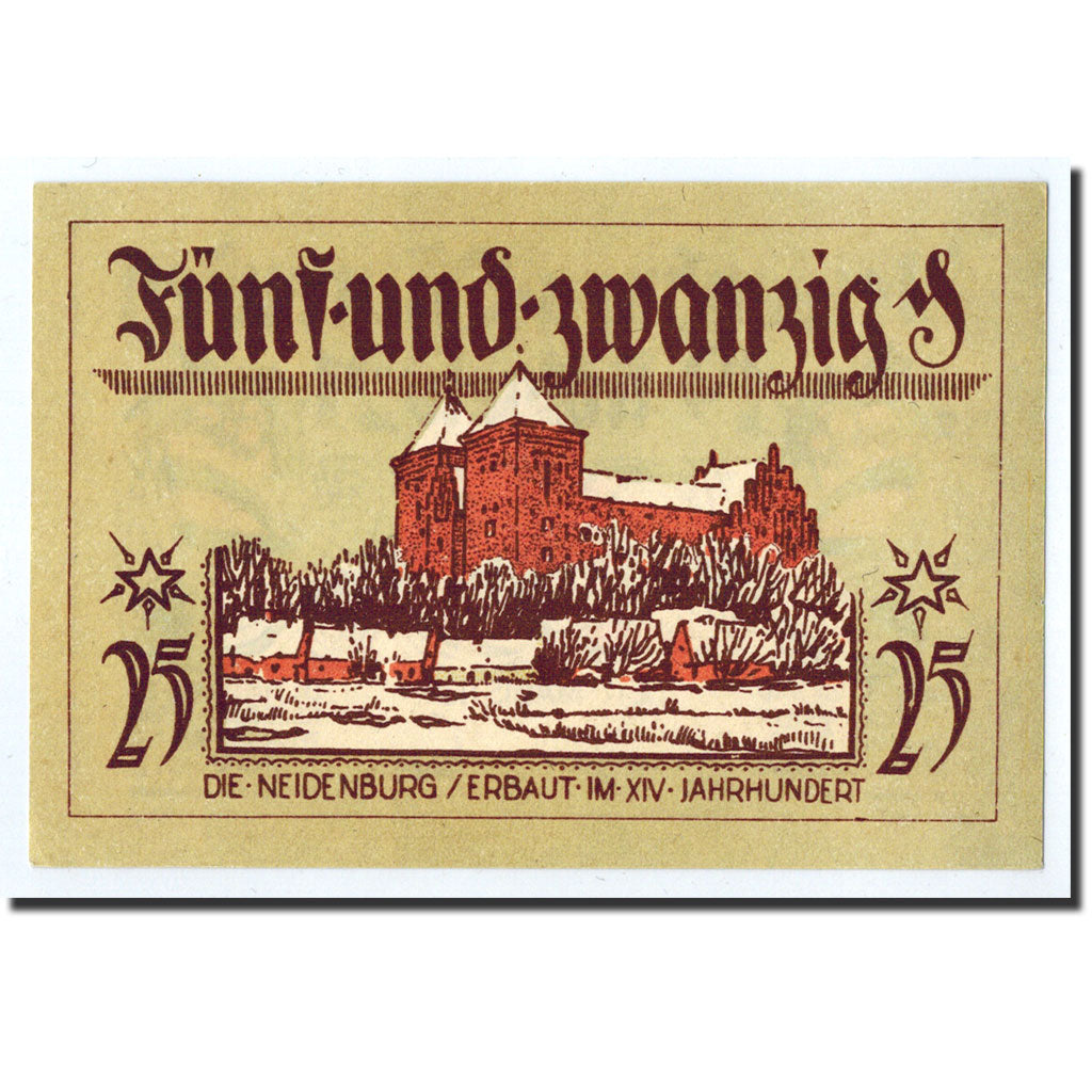 Banknote, Germany, Neindenburg, 25 Pfennig, château, 1921, Undated, UNC(63)