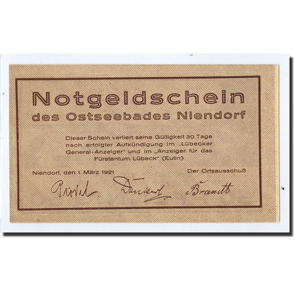 Banknote, Germany, Niendorf, 50 Pfennig, bateau, 1921, 1921-03-01, UNC(63)