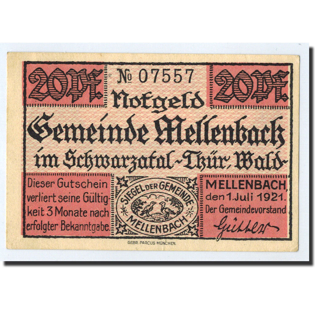 Banknote, Germany, Mellenbach Gemeinde, 20 Pfennig, paysage, 1921, 1921-07-01