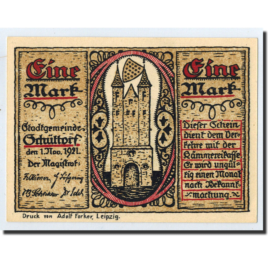 Banknote, Germany, Schuttorf, 1 Mark, château, 1921, 1921-11-01, UNC(63)