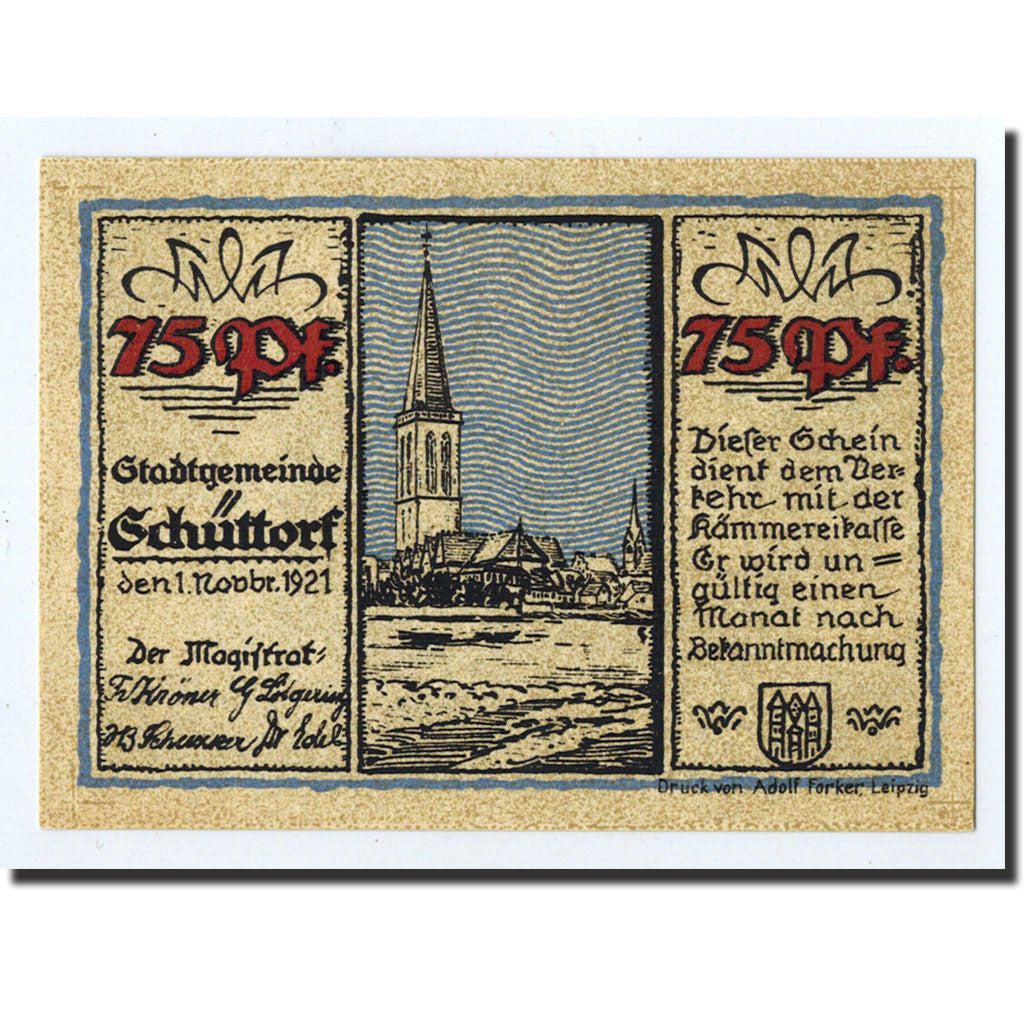 Banknote, Germany, Schuttorf, 75 Pfennig, Eglise, 1921, 1921-11-01, UNC(63)
