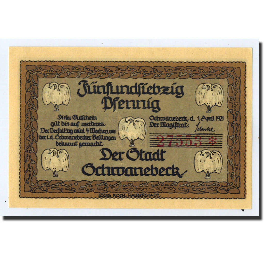 Banknote, Germany, Schwanebeck, 75 Pfennig, Ecusson, 1921, 1921-04-01, UNC(63)