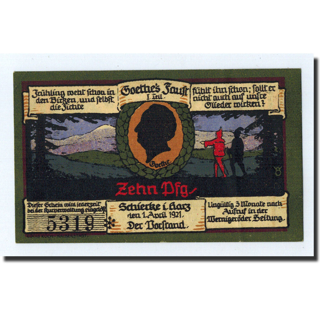 Banknote, Germany, Schierke im Harz, 10 Pfennig, Monument, 1921, 1921-04-01