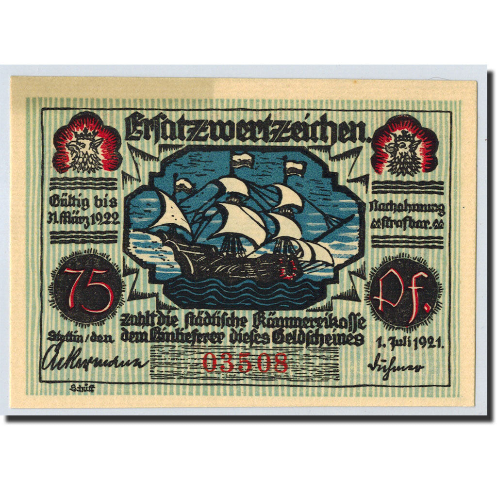 Geldschein, Deutschland, Stettin Stadt, 75 Pfennig, bateau, 1921, 1921-07-01
