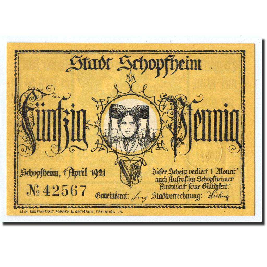Banknote, Germany, Schopfheim Stadt, 50 Pfennig, personnage, 1921, 1921-04-01