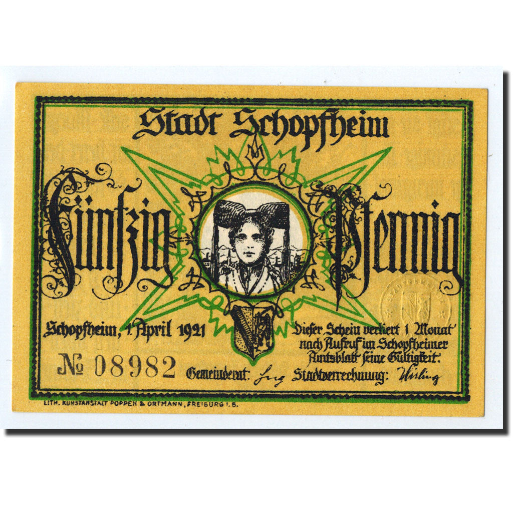 Banknote, Germany, Schopfheim Stadt, 50 Pfennig, personnage, 1921, 1921-04-01