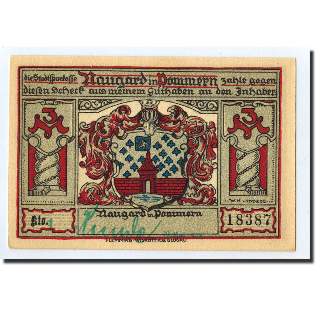 Banknote, Germany, Naugard, 3 Mark, paysage, O.D, Undated, UNC(63), Mehl:923.1