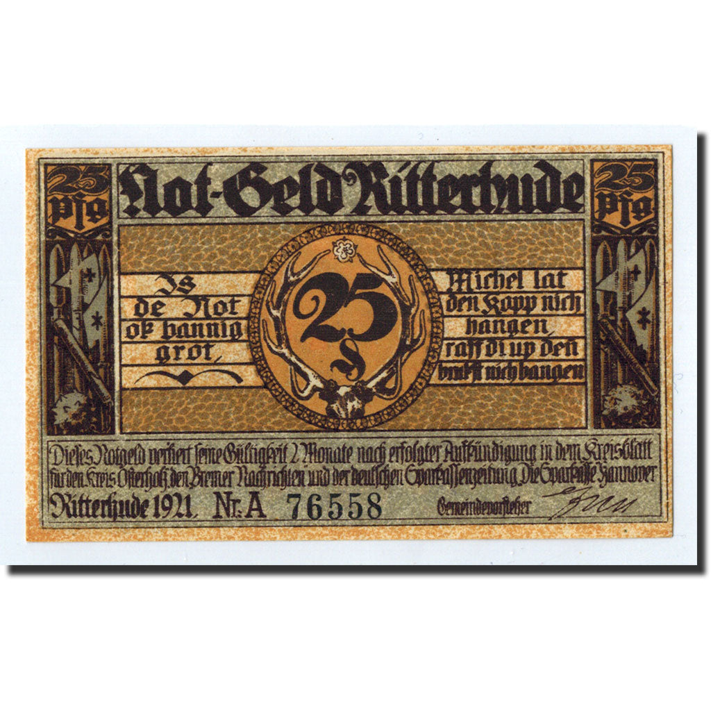 Banknote, Germany, Ritterhude, 25 Pfennig, château, 1921, Undated, UNC(63)
