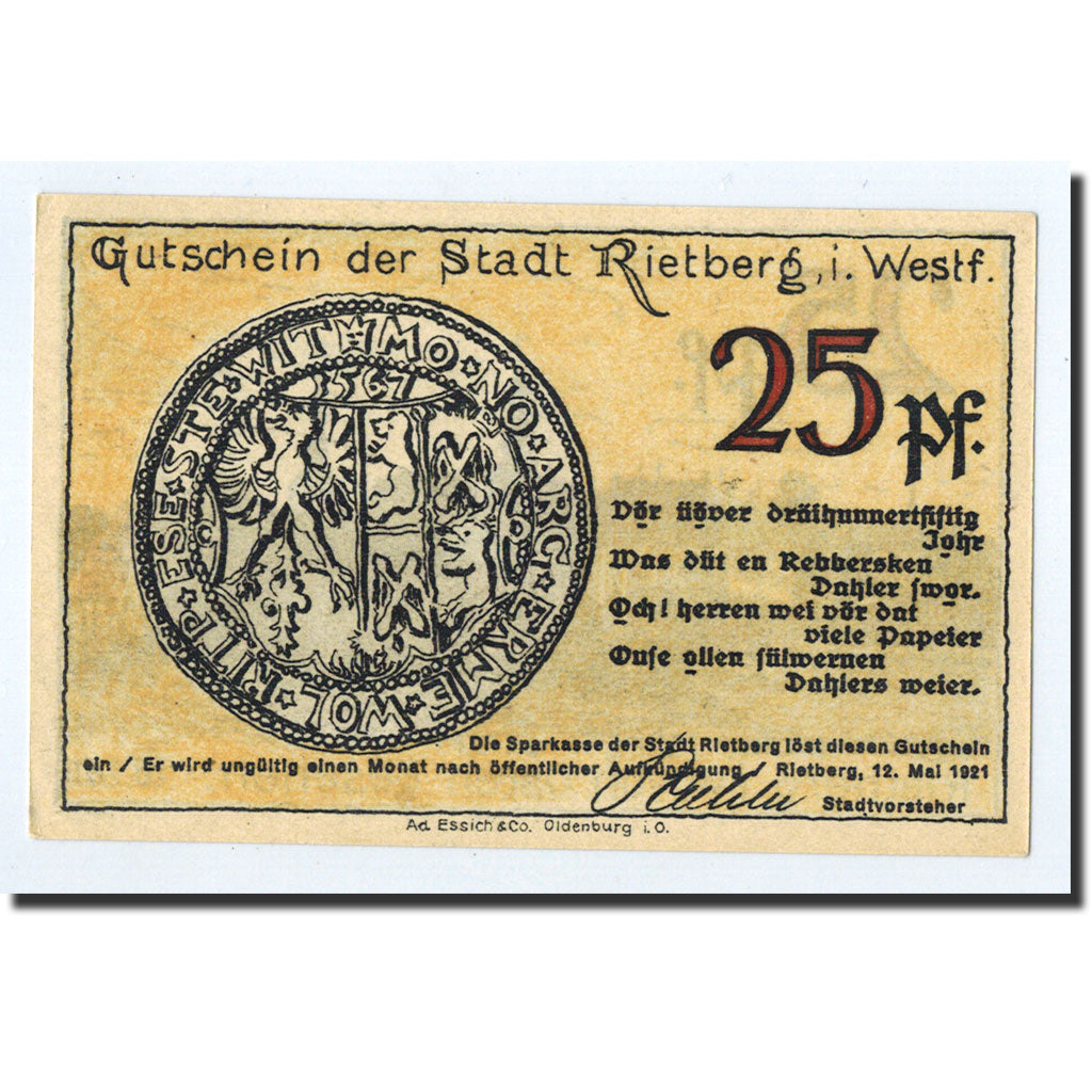 Banknote, Germany, Rietberg, 25 Pfennig, paysage, 1921, 1921-05-12, UNC(63)