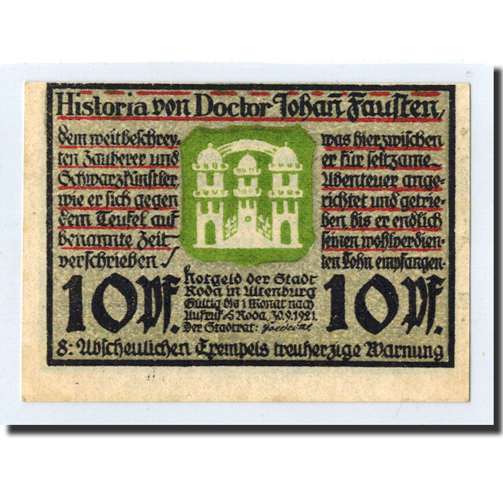 Banknote, Germany, Roda, 10 Pfennig, Ecusson, 1921, 1921-09-30, UNC(63)