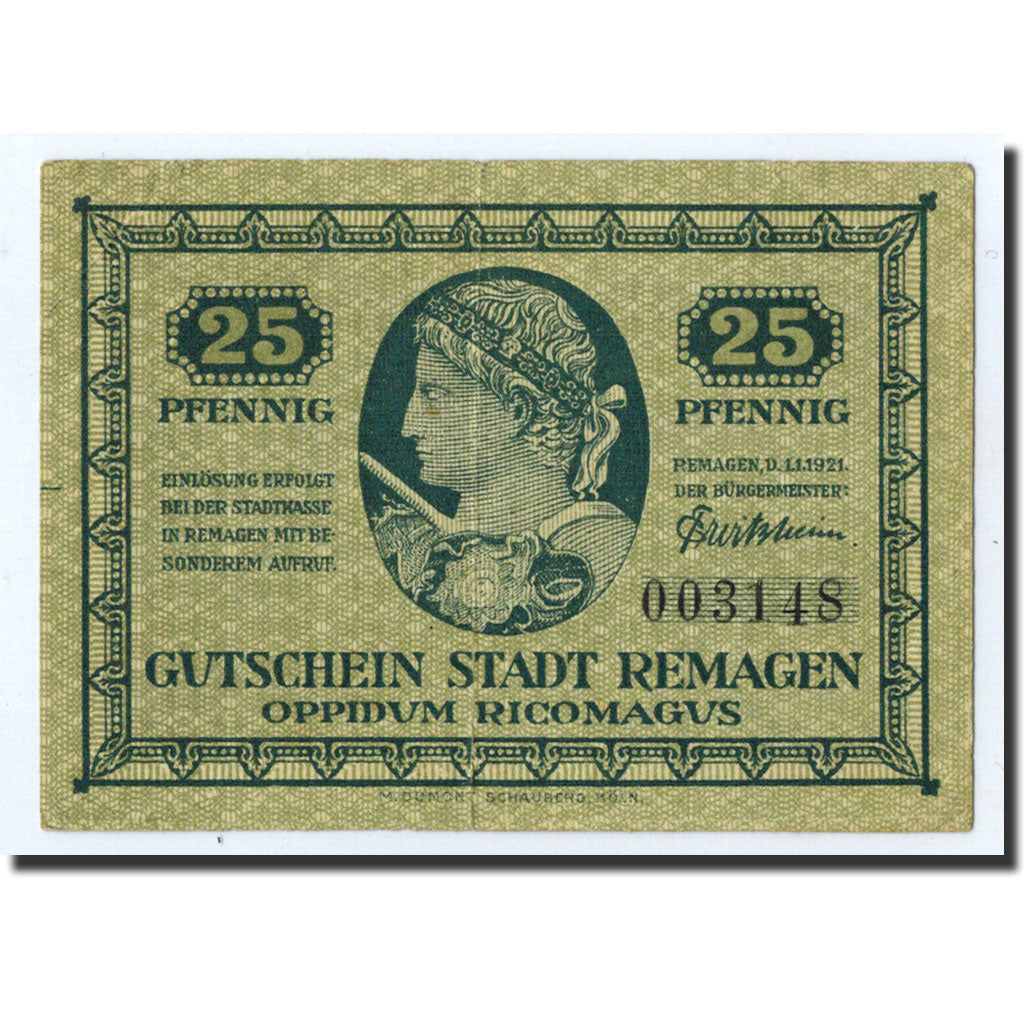Banknote, Germany, Remagen, 25 Pfennig, portrait, 1921, 1921-01-01, UNC(63)