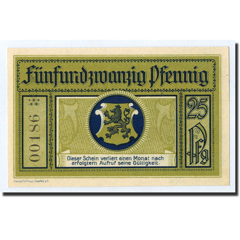 Banknote, Germany, Leutenberg, 25 Pfennig, château, 1921, Undated, UNC(63)