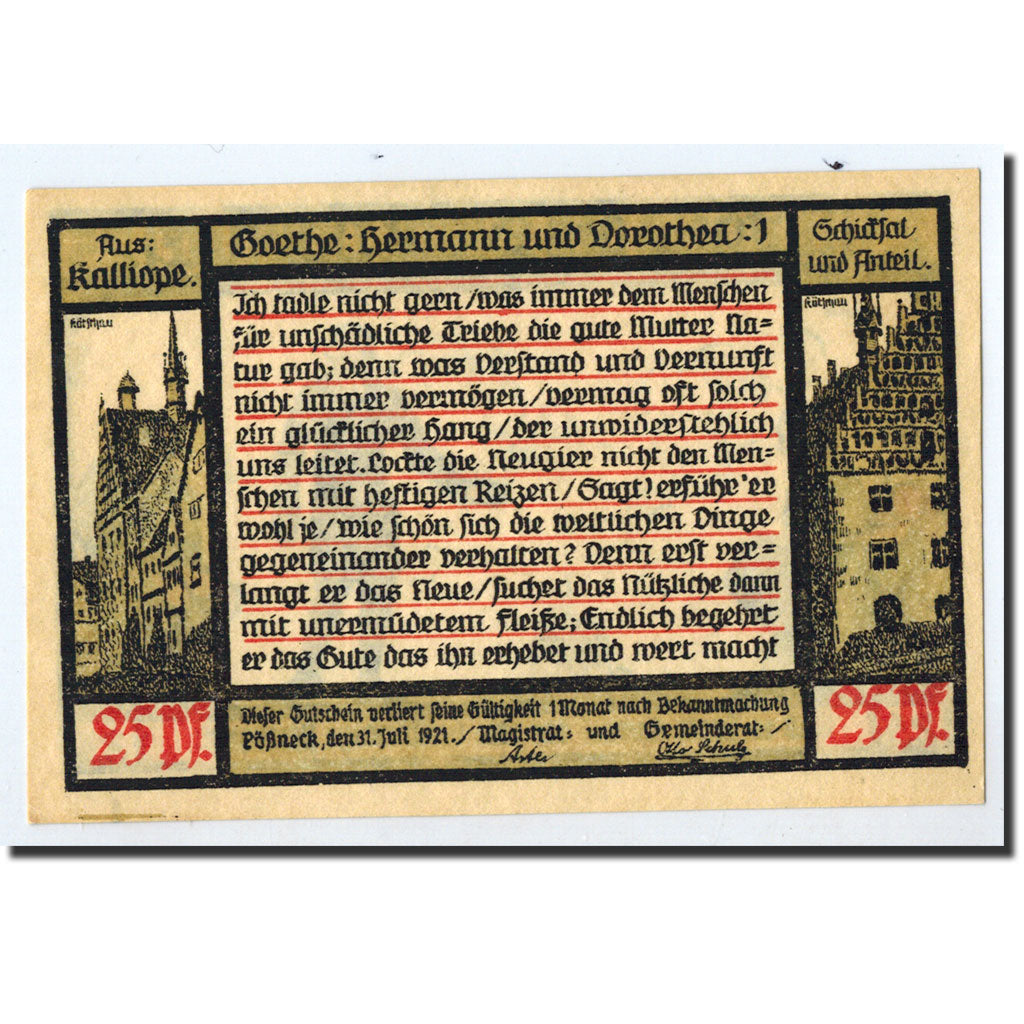Banknote, Germany, Possneck, 25 Pfennig, personnage, 1921, 1921-07-31, UNC(63)
