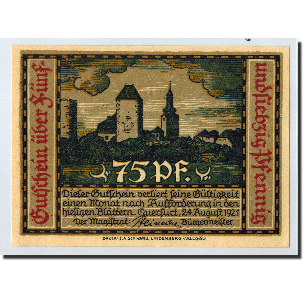 Banknote, Germany, Querfurt, 75 Pfennig, château, 1921, 1921-08-24, UNC(63)