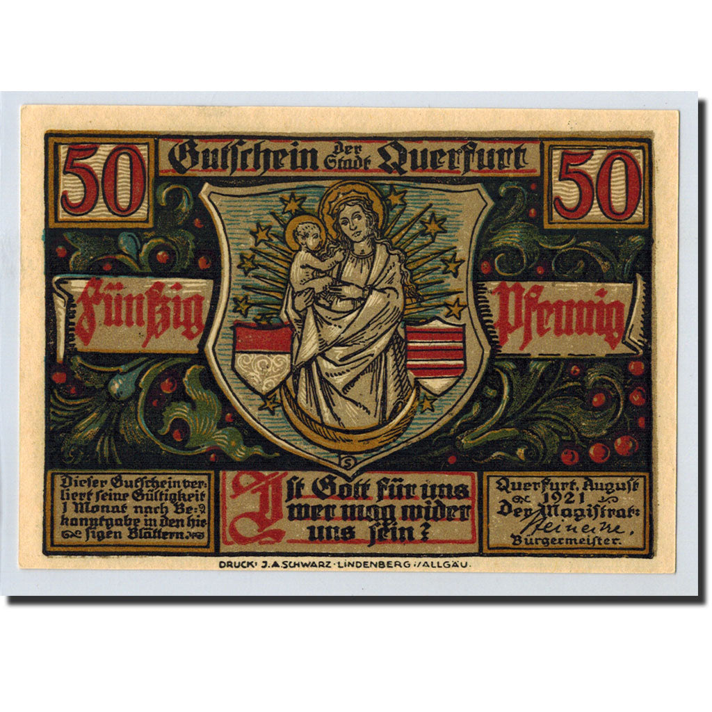 Banknote, Germany, Querfurt, 50 Pfennig, Ecusson, 1921, 1921-08-24, UNC(63)