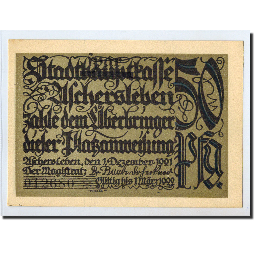 Banknote, Germany, Aschersleben, 50 Pfennig, personnage, 1921, 1921-12-01