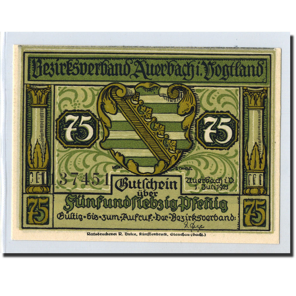 Banknote, Germany, Auerbach, 75 Pfennig, personnage, 1921, 1921-07-01, UNC(63)